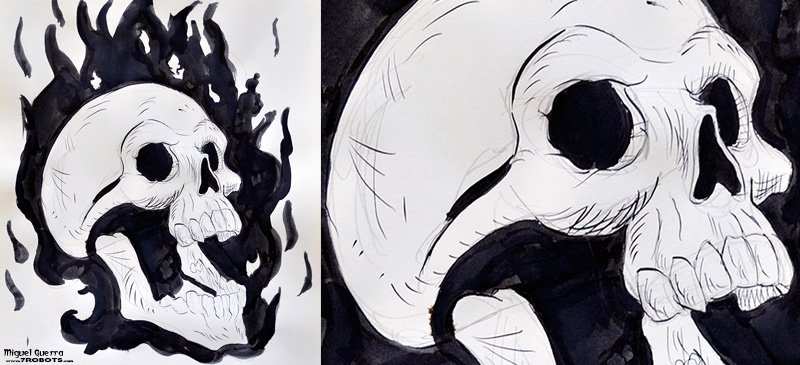 Horror Ink Sketches by Miguel Guerra - Flaming Skull